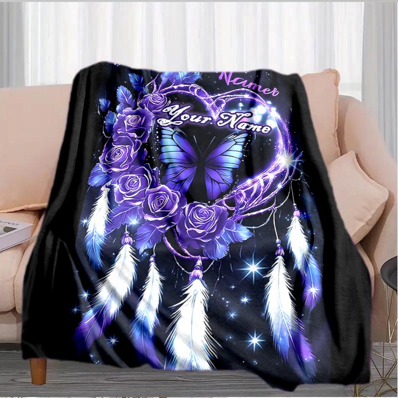 1PC Custom Name Purple Heart Dreamcatcher flannel blanket versatile,all-season throw suitable for the living room,bedroom,camping,travel,and gift