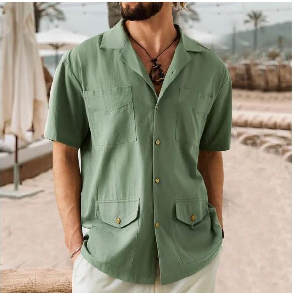 

Collar Washed Cotton Linen Short Sleeved Pocket Shirt for Men 3XL зелений