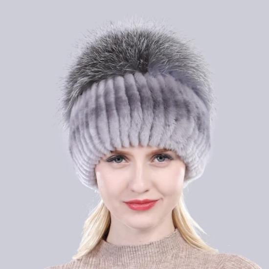 New Outdoor Good Elastic Natural Rex Rabbit Fur Hat Women Winter Knitted Real Sliver Fox Fur Cap Lady Real Fur Hats