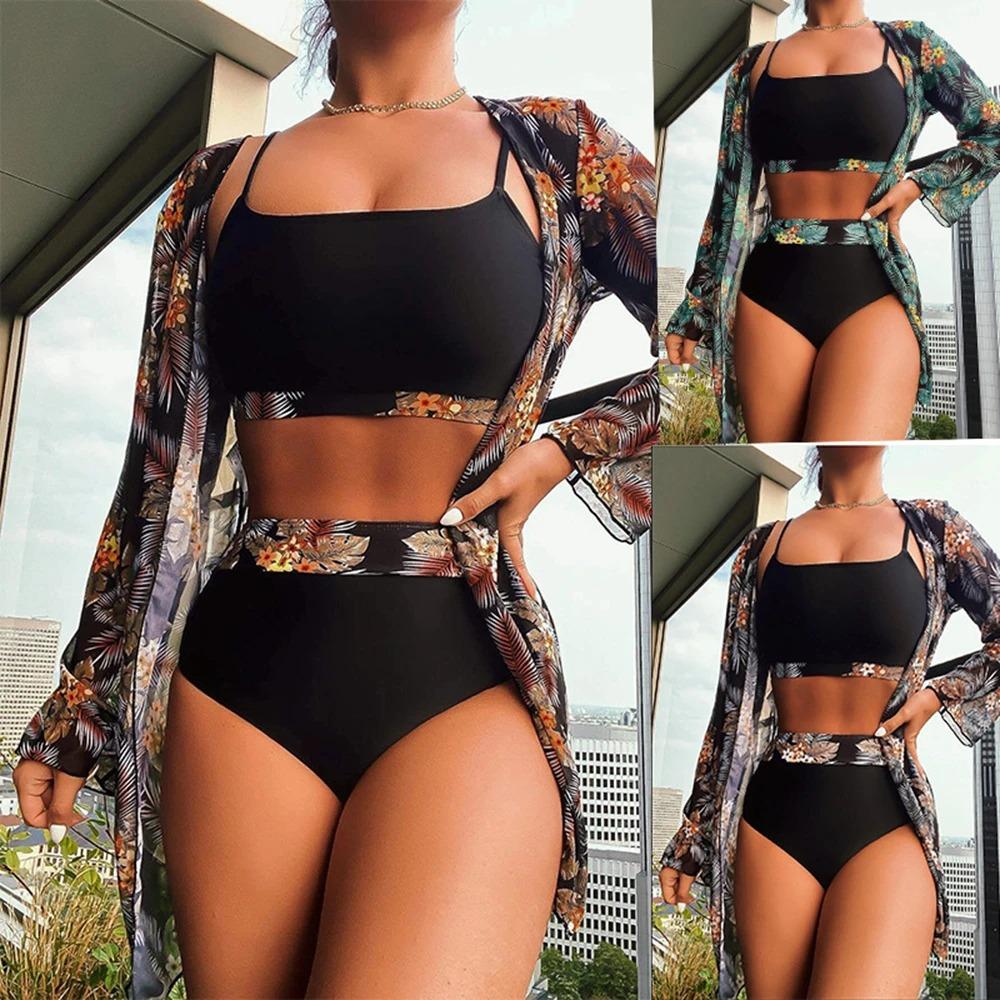 Women Bikini 3 Pieces Suit Black/Green/Red Bikini Sets with Long Sleeved Cover Ups High Quality Size Small-XXLarge