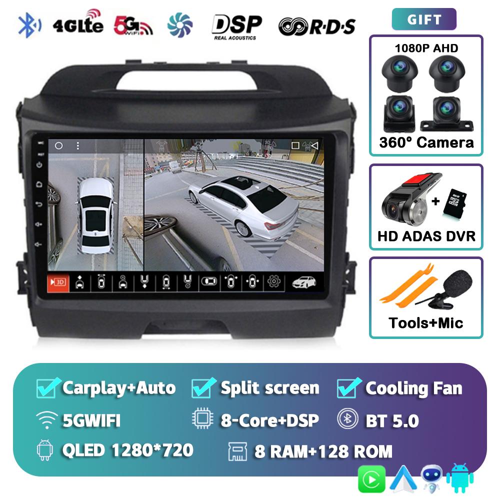 Android 14 Wireless CarPlay Auto Car Radio For KIA Sportage 3 2010-2015 2016 4G+WIFI Multimedia Video Player GPS 2din Autoradio