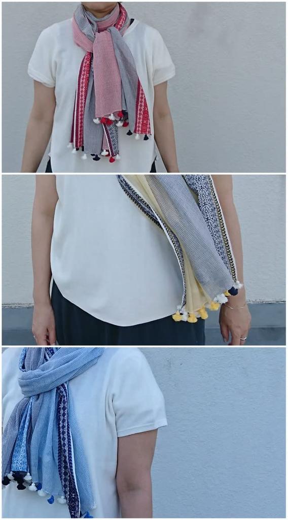 All Over the Pompom Cotton X [.a World] Stole, 100% Cotton, Large, Embroidered, Spring/Summer, Scarf, Women's (Blue Navy)