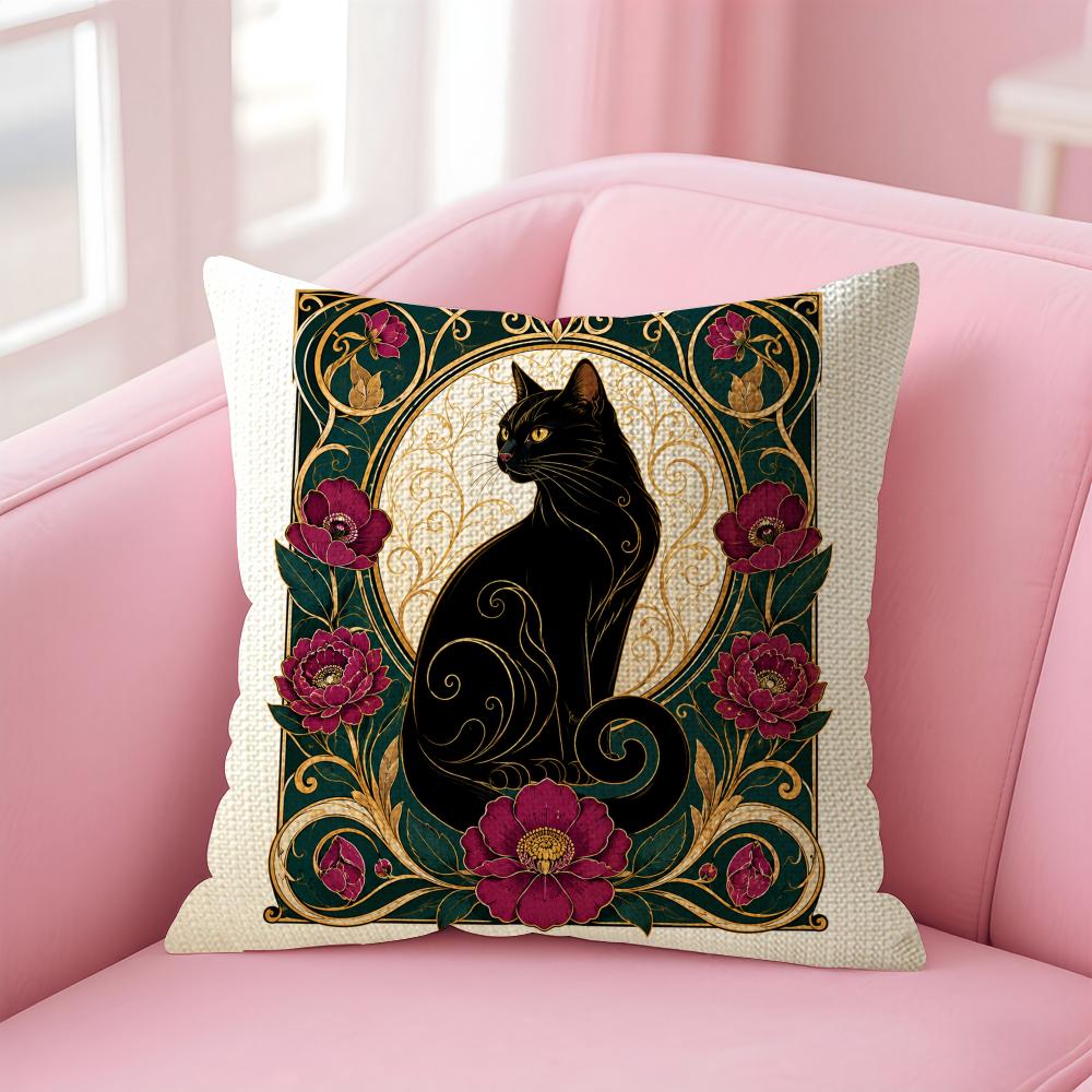 Retro Art Noble Black Cat Cushion Cover Linen Organic Fabric DoubleSided Printing Sofa Breathable Home Decor Gift Pillow Case