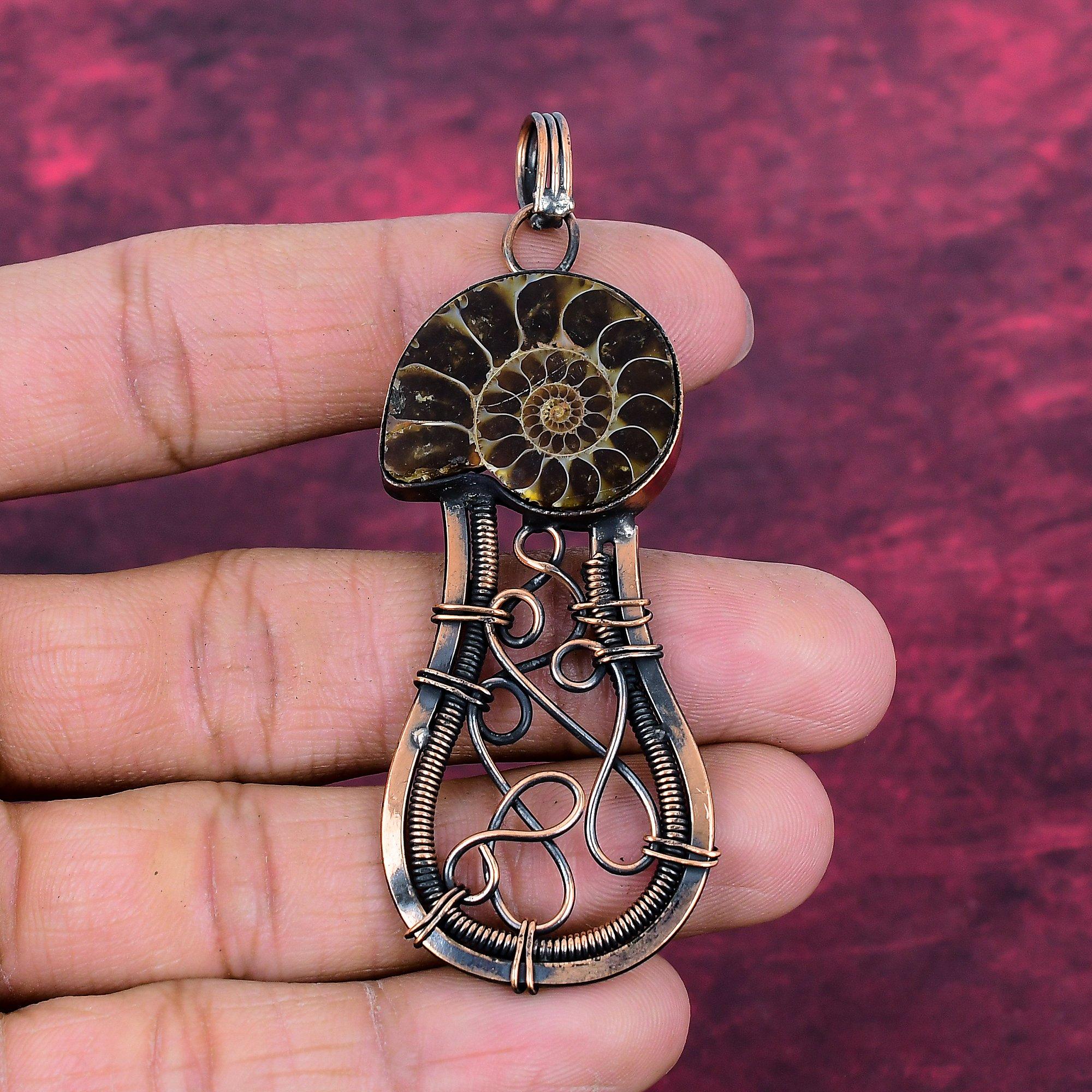 Ammonite Fossil Gemstone Pendant Handmade Copper Wire Wrapped Designer Jewelry