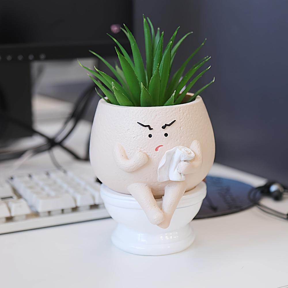 Whimsical Face Planter Pot,Double Layered Resin Vase with Drainage Hole, Cute Toilet Design for Indoor/Outdoor Decor, Contemporary Geometric Pattern