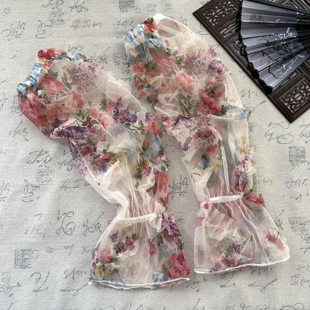 Flower Chinese Style Sleeves Elastic Cycling Gloves Cute Chiffon Sunscreen Arm Covers  Driving