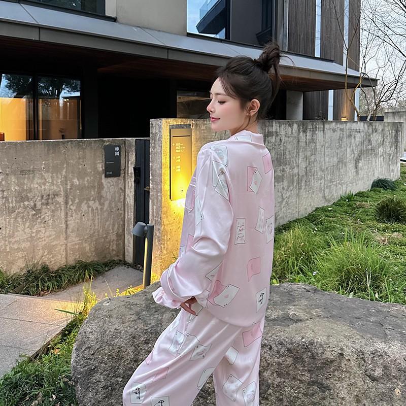 Poker New Spring and Autumn Ice Silk Pajamas for Women Cute Thin Style High-end Home Furnishing