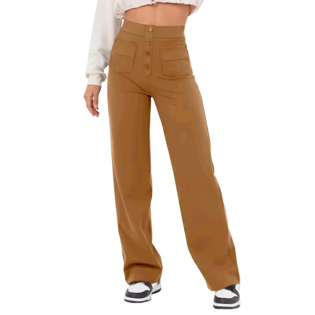 2024 Women's High-Waist Casual Straight Pants with Elastic Belt & Multiple Pockets