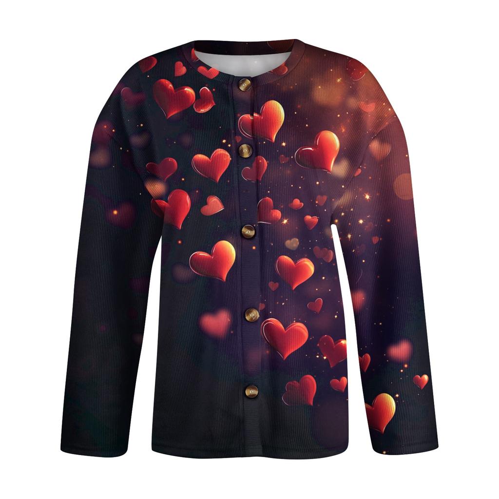 Kvinners Valentine's Day Print Langermet strikket Cardigan Button Jacket