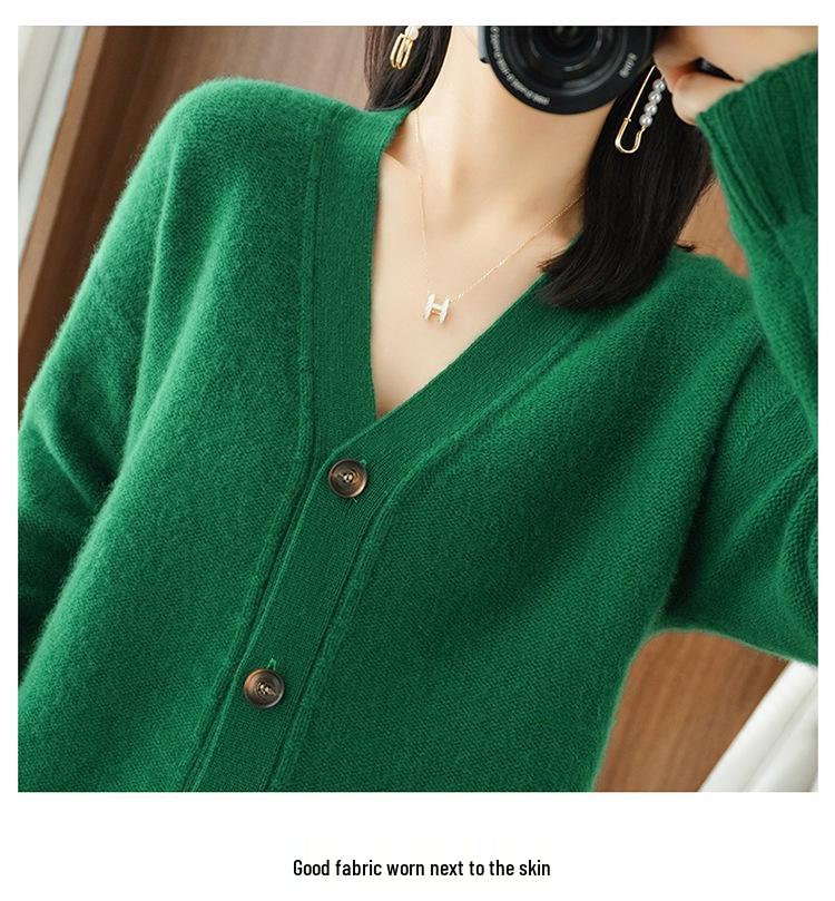 Women's Pure Wool Solid Color Cashmere Cardigan Sweater - V Neck Autumn/Winter Knitwear