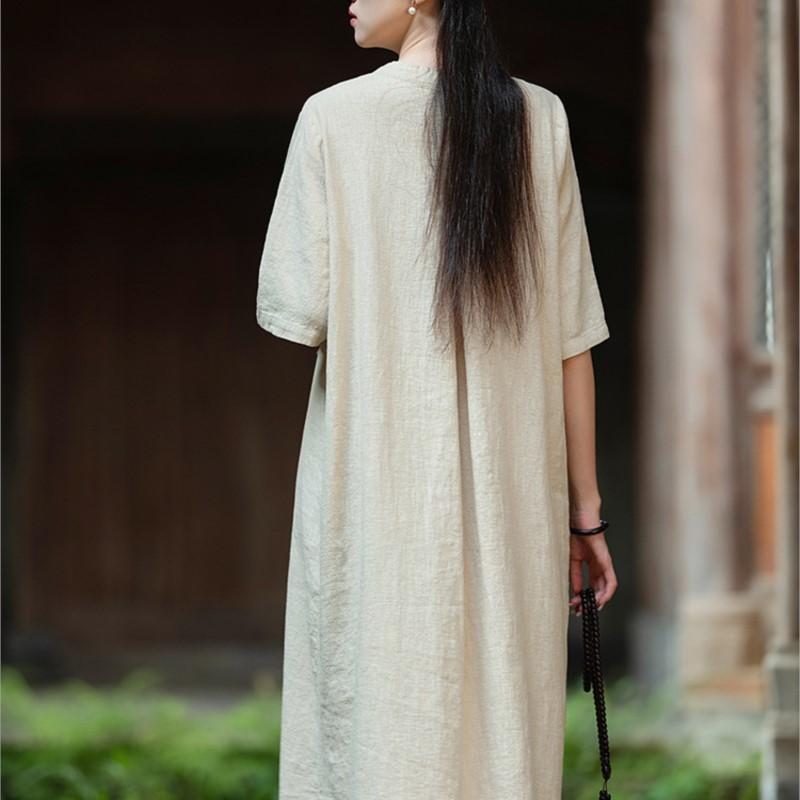 Johnature Women Vintage Dress Stand Short Sleeve Summer Button Solid Color Chinese Style Dresses