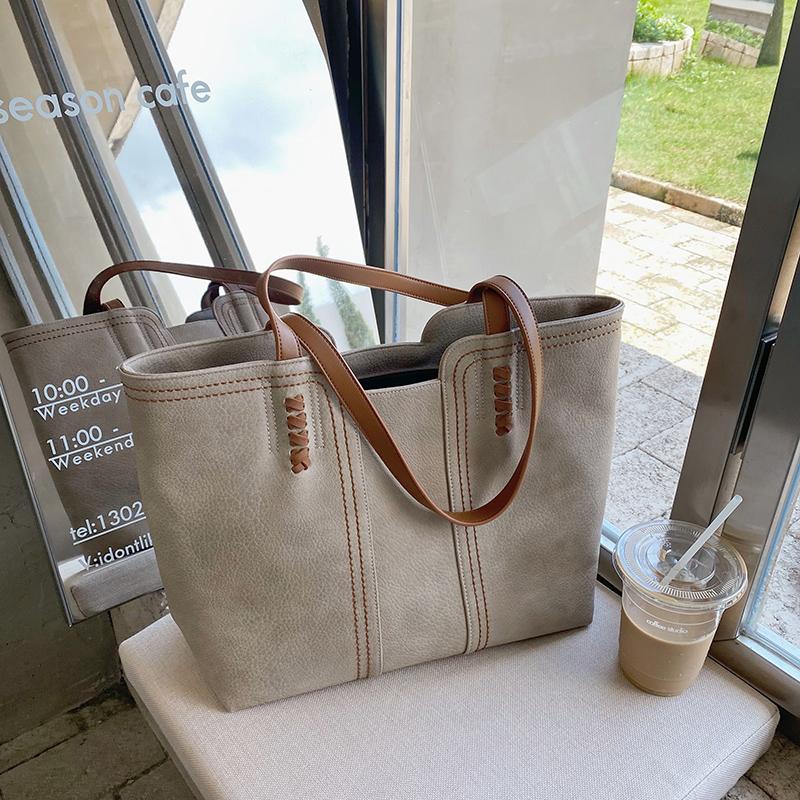 Retro Simple Women's Tote Bag PU Leather Large Capacity Fashion All-match Handbag Female Casual Shoulder Shopping Bag