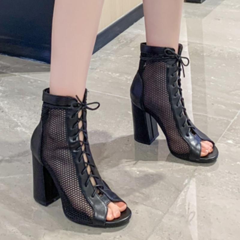 Peep Toe Ankle Boots Women Block High Heels Mesh Black 2025 New Summer Shoes Lace-up Jazz Party Dance Boots Breathable Summer