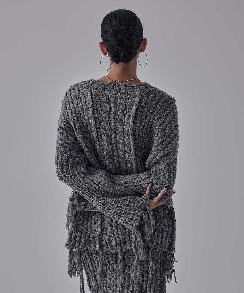 Teulimingbeodeu Wool Damage Tassel Knit Set-Up Pullover [ Gray ]
