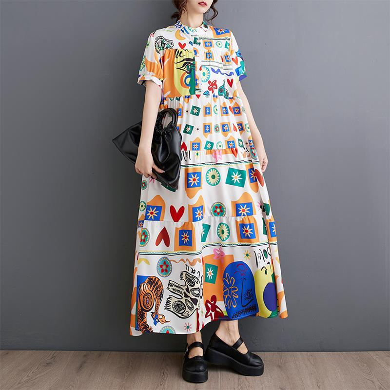 DIMANAF 2026 Estate Nuova Taglia Forte Donna Casual Stampa Scollo a O Manica Corta Bottoni Camicia Vestito Abbigliamento da Spiaggia