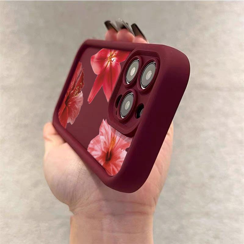 Wine Red Flower Print Soft Phone Case For iPhone 17 16 15 Pro Max 14 15 Plus 13 12 11 16E XR X XS 8 7 Plus Air Shockproof Cover