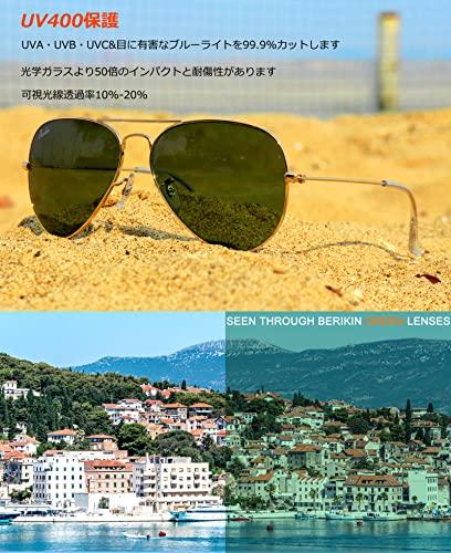 [Berikin] Sunglasses for Large Faces, Oversized, Glass, Aviator Style, Teardrop Shape, Men's & Women's, UV400 UV Protection, Gold & Green Lenses