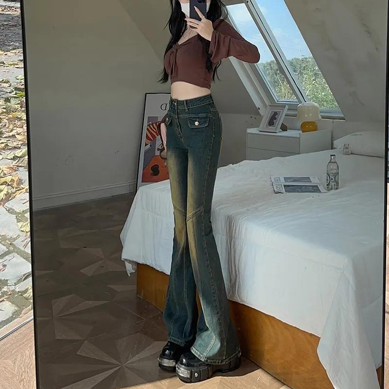 Женская одежда Брюки Bootcut с высокой талией Винтажные стираные джинсы Весна Осень Узкие с карманами Модные джинсы с пэчворком S синий
