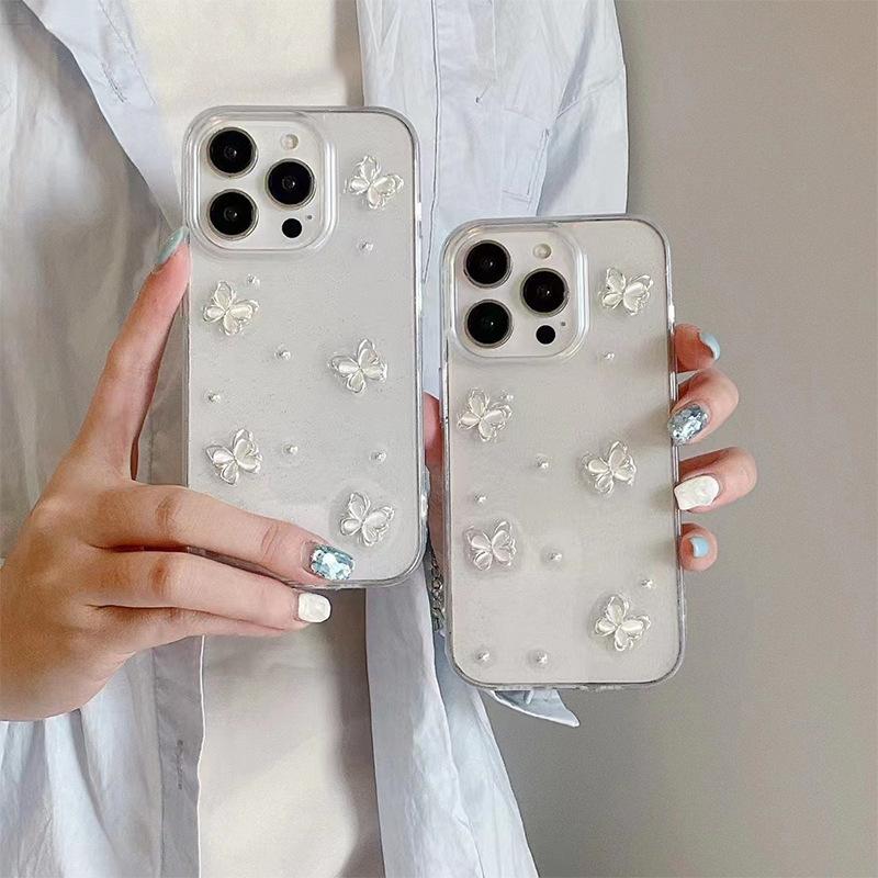 Silver Pearl Ins Wind Butterfly Phone Case for IPhone 16 Promax Transparent Flash Powder for Apple 15 Creative 17 Pro