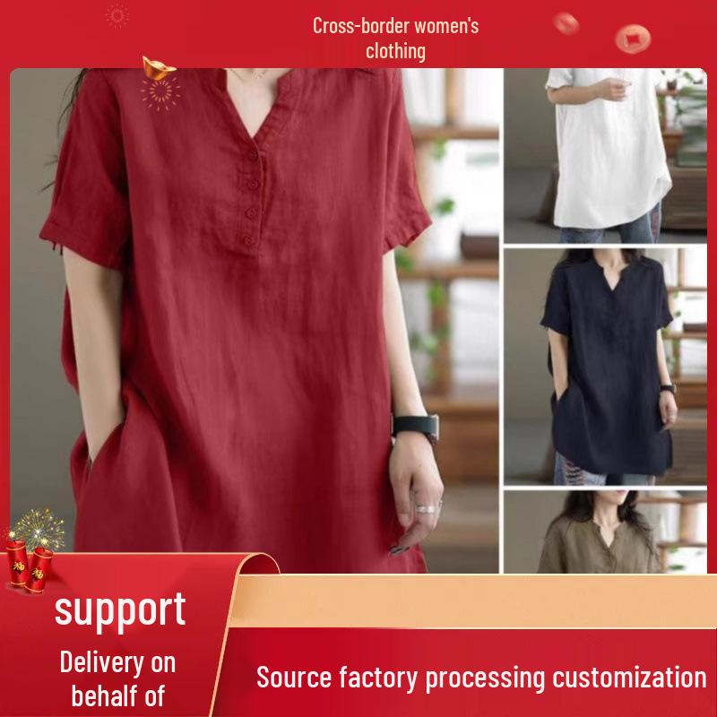 

Spring-Summer Women s Cotton Linen Solid Color Button Top - Short Sleeve Fashion Extra Extra Extra Large