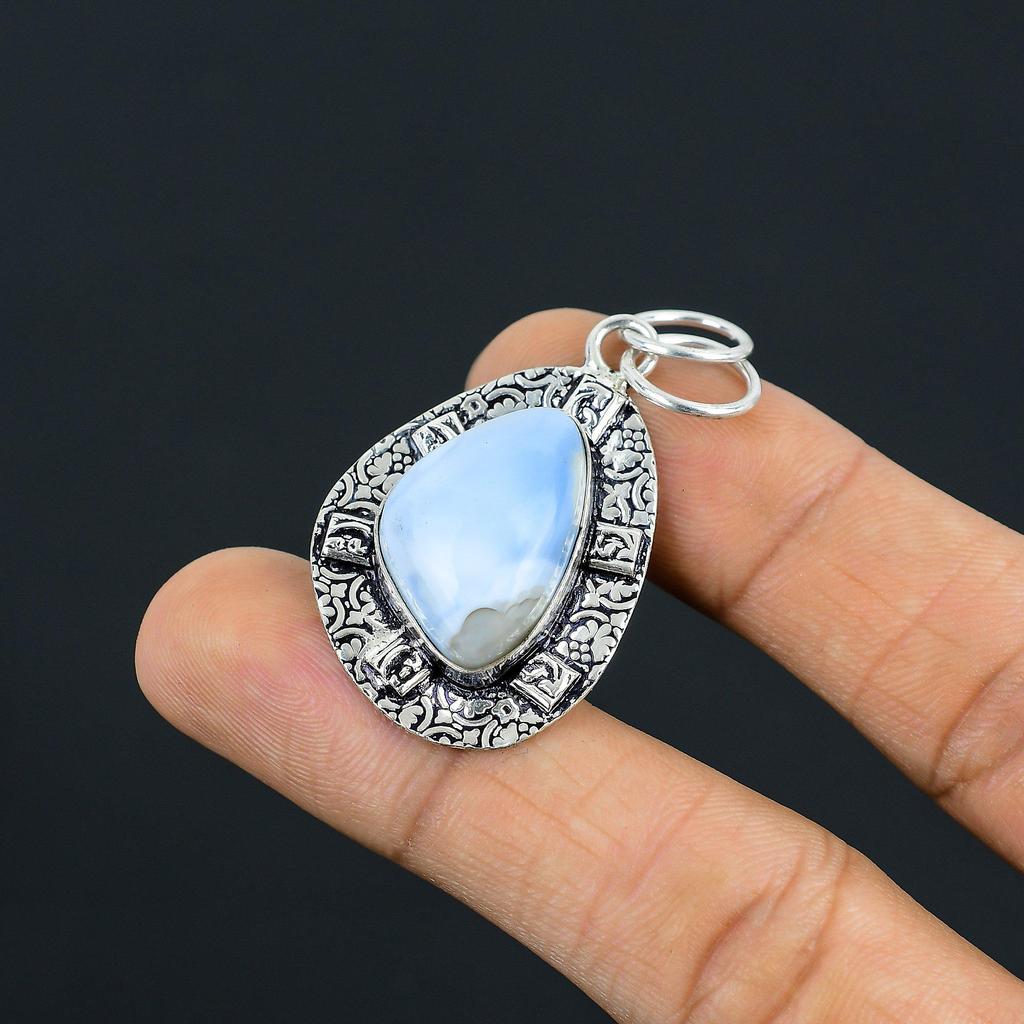 Trillion Owyhee Blue Opal Gemstone Sterling Silver Wedding Bezel Wife Pendant