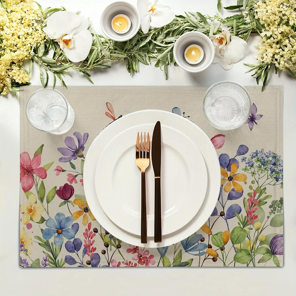 4pcs Spring Floral Placemats Watercolor Colorful Flower Butterfly Vintage Rustic Table Mats