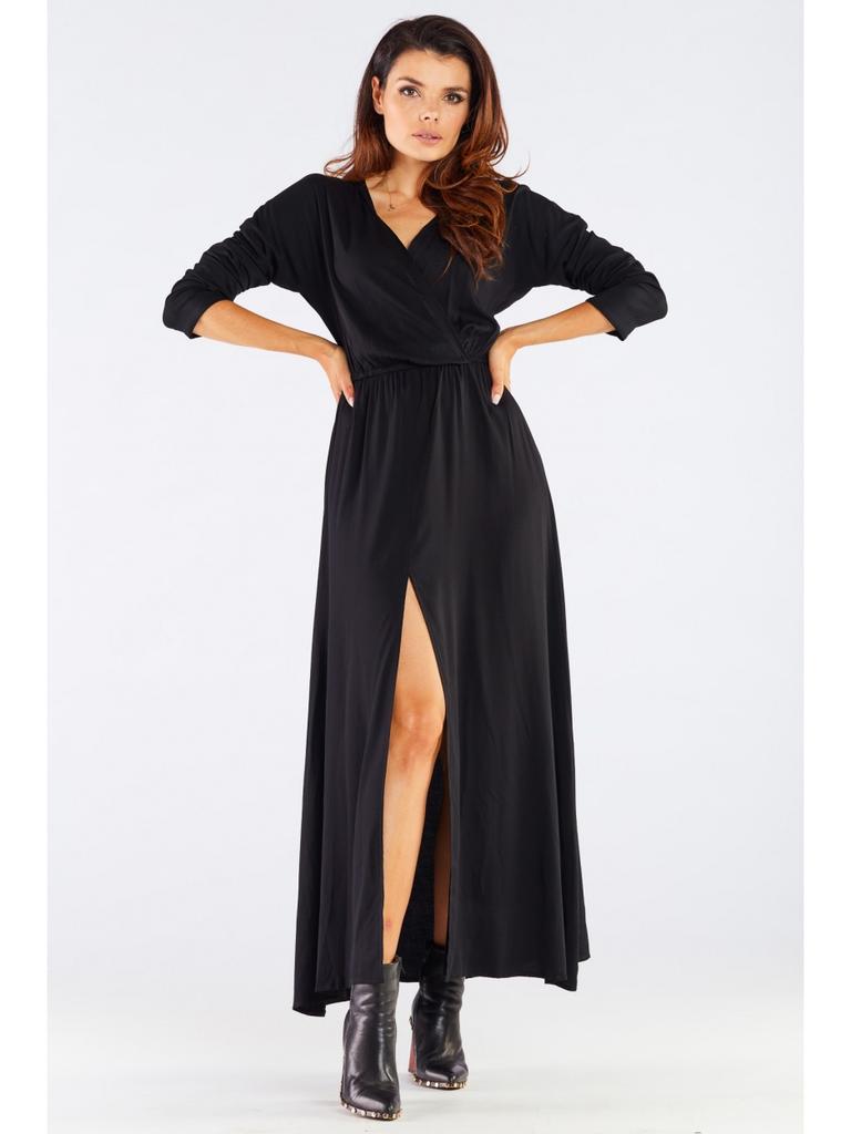 Viscose Maxi Dress with Envelope Neckline, Black XL