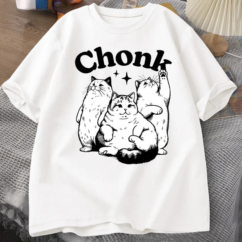 Funny Chonk Cat TShirt for Women Cute Fat Cat Tee Shirt Minimalist Graphic Tee Pet Owners Cat Lovers Tshirt Clothing Y2K