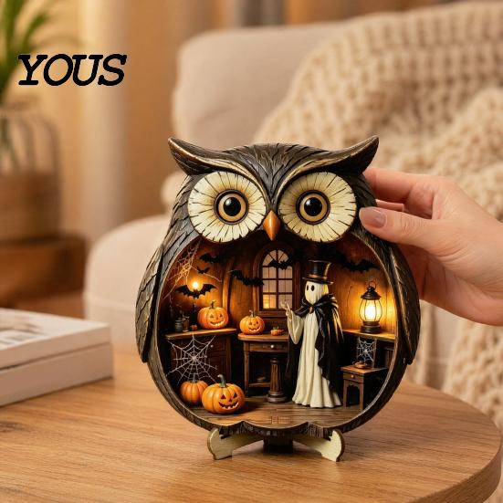 Wood Owl Sculpture Halloween Wooden Tabletop Centerpiece, 2D Flat Pumpkin Ghost Bat Figurine Skeleton Standing Table Sign for Party, Shelf, Desk Decor