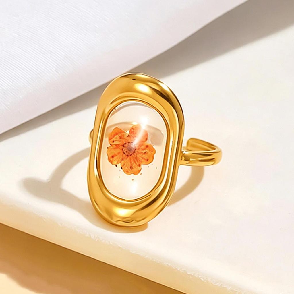 Women's Forest Style Stainless Steel Ring with Dried Flower and Transparent Enamel
