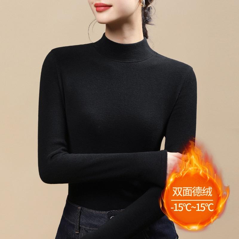 Double-sided German velvet bottoming shirt for women's winter velvet and thickened new large-size medium-neck autumn and winter thermal underwear