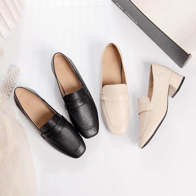 Schuhe mit quadratischer Zehenpartie, Schnallenband und mittelhohen Absätzen, Damen, Schwarz/Beige, Arbeitspumps, Frühling Herbst, Einzelne Lederschuhe für Damen, Tacones