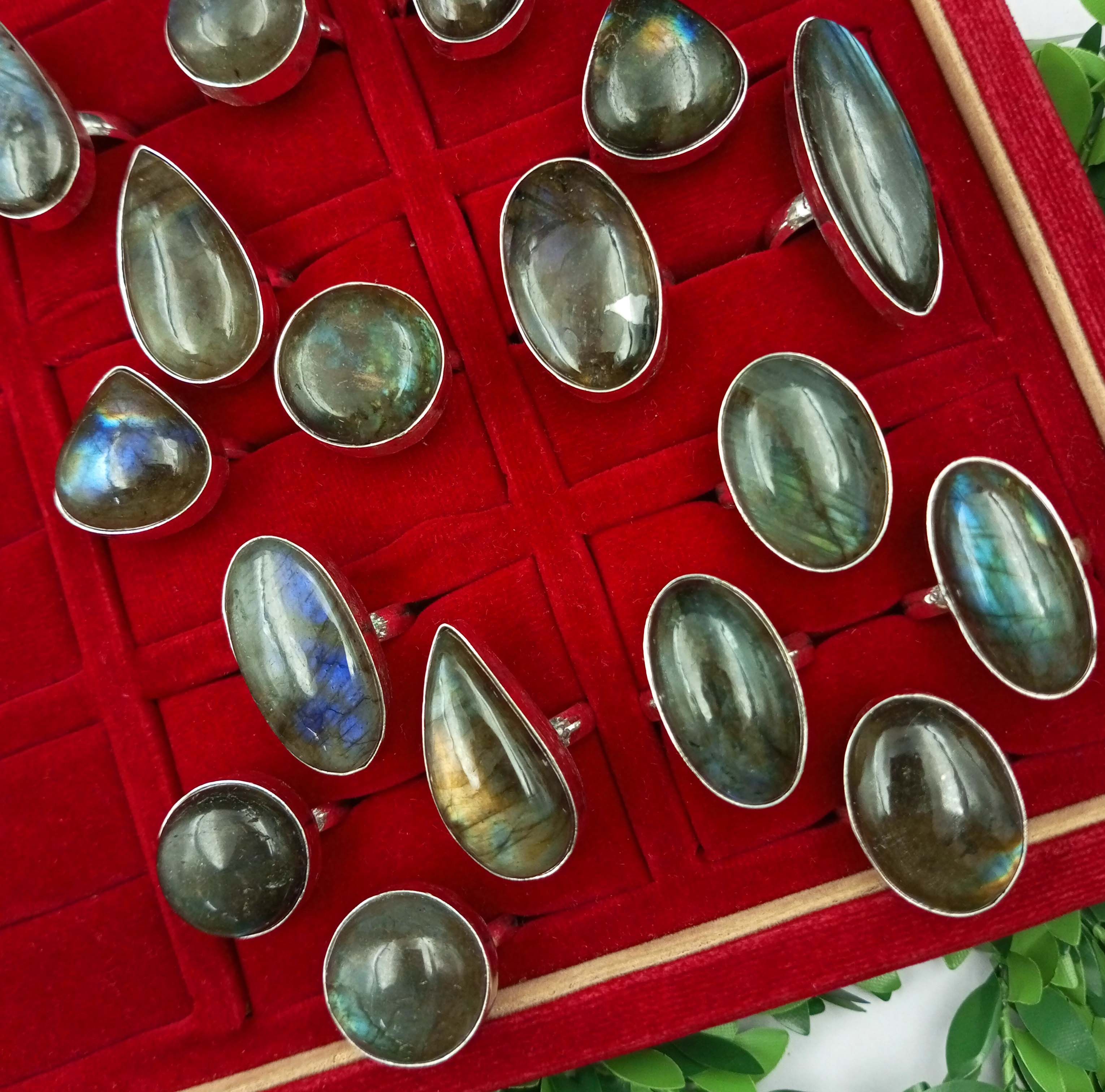 

10шт лабрадорит драгоценный камень стерлингового серебра 925 пробы оптовая партия кольца JOR-R38