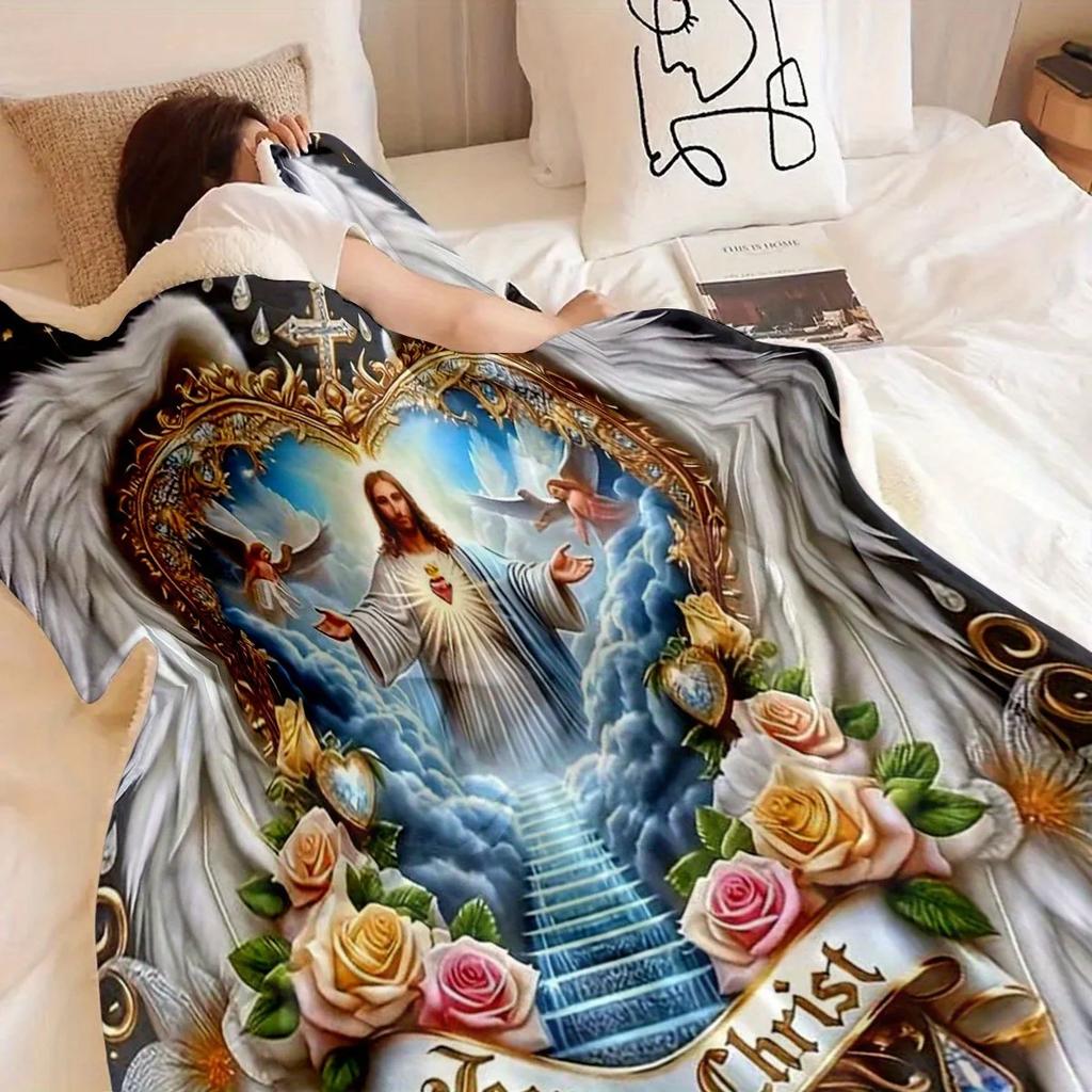 Jesus Christus Engelsherz-Flanelldecke – weich, kuschelig und maschinenwaschbar, religiöses Design mit Rosen und goldenen Akzenten