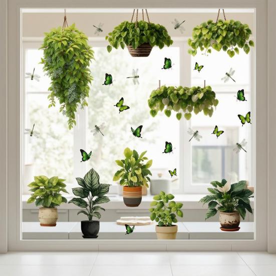 Potted Plant and Dragonfly Window Clings, Self-Adhesive Nature Themed Greenery Butterfly Glass Decals, Removable Wall Stickers for Balcony Kitchen