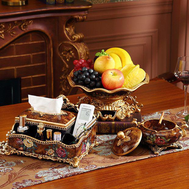 European and American Decorative Set: Fruit Bowl, Tissue Box, Ashtray, and Figurines for Living Room Coffee Table.