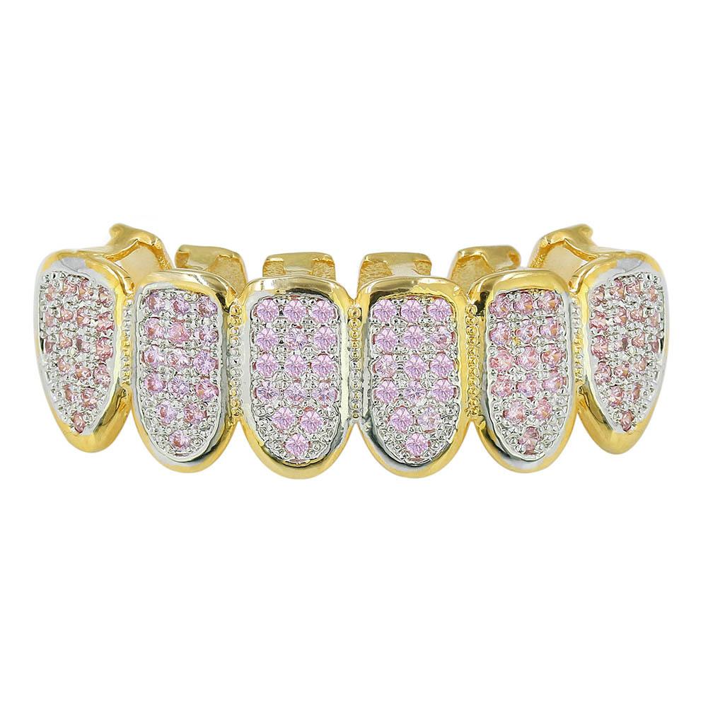 New Custom Fit Hip Hop Gold Teeth Grillz Micro Pave Fuchsia Cubic Zirconia Top & Bottom Grills Set for Christmas Gift Women