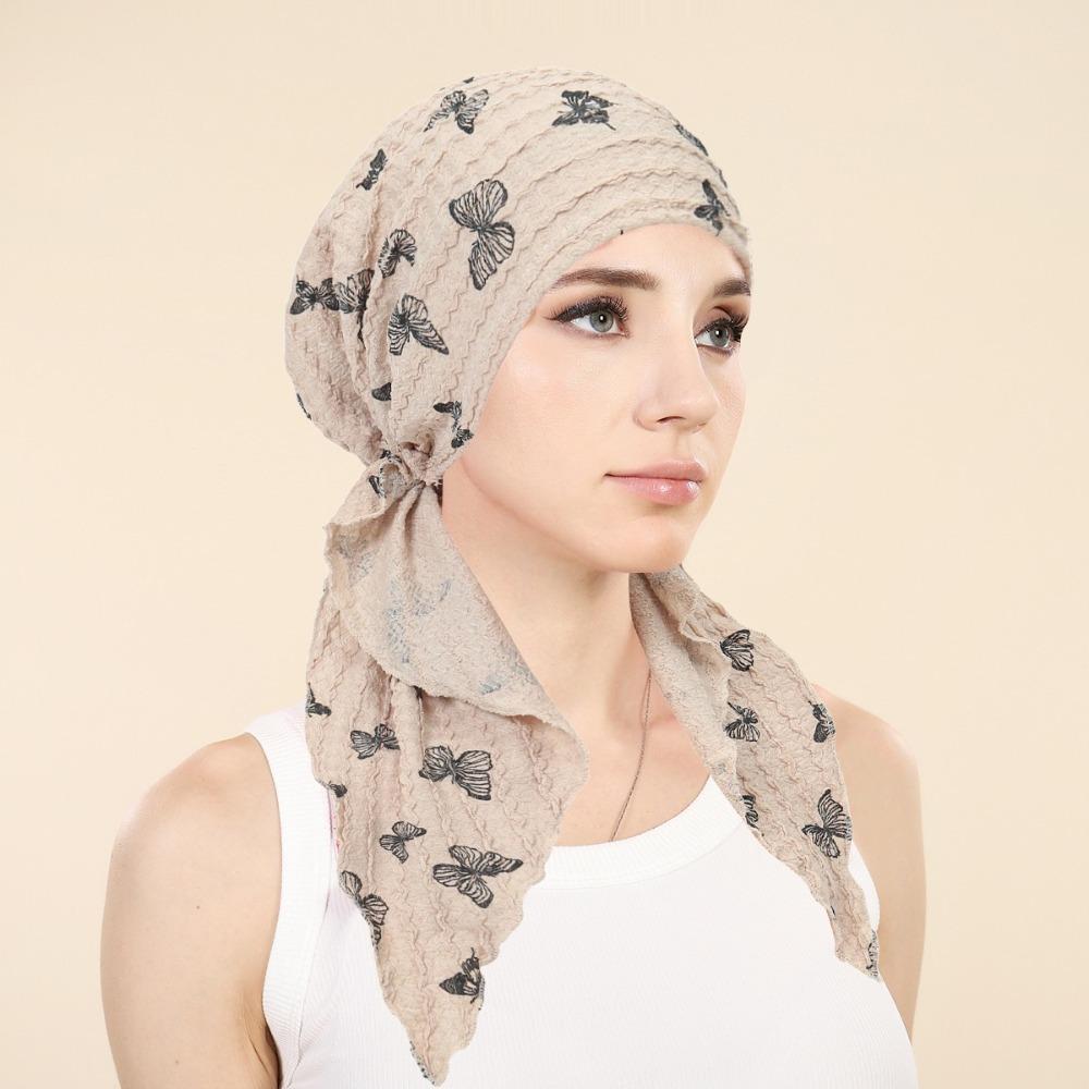 Breathable Butterfly Print Lace Headband Comfortable 6 Colors Women Headscarf Hat Trendy Elasticity Turban Hat Daily Wear бежевый