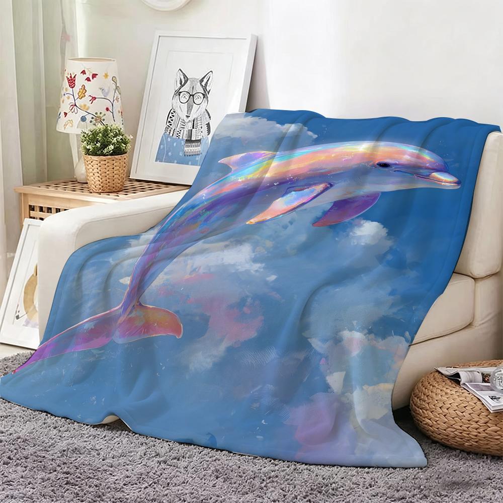 Fantasy Color Cute Dolphin Throw Lightweight 240g Flannel Blanket Soft Skin-friendly for Summer Cooling