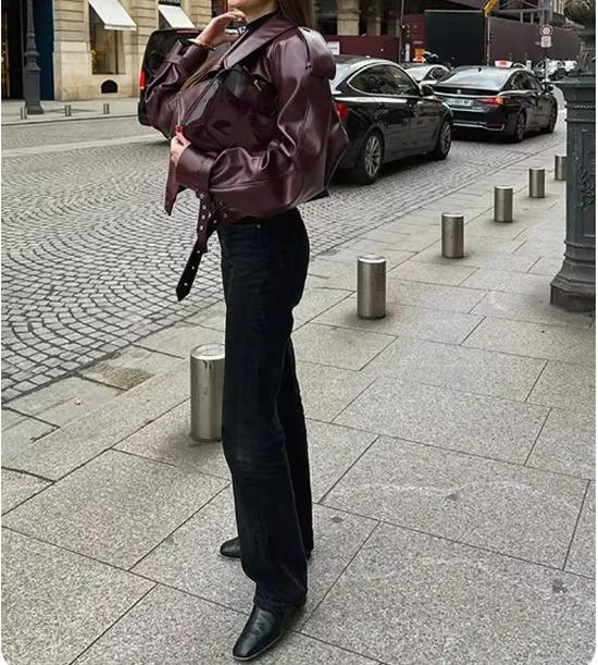 Jachetă 2024 din piele ecologică, cu rever larg, mâneci lungi, stil stradal