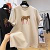 Plus Size Women's Horse Graphic Print Dralon Brushed Short Sleeve T Shirt Loose Crew Neck Spring Casual Basic Top