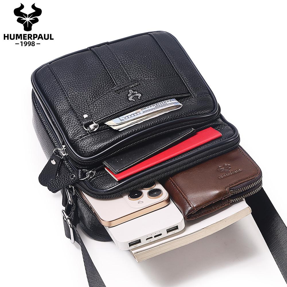 HUMERPAUL Men leather waist bag first layer cowhide multifunctional chest bag retro messenger bag shoulder bag