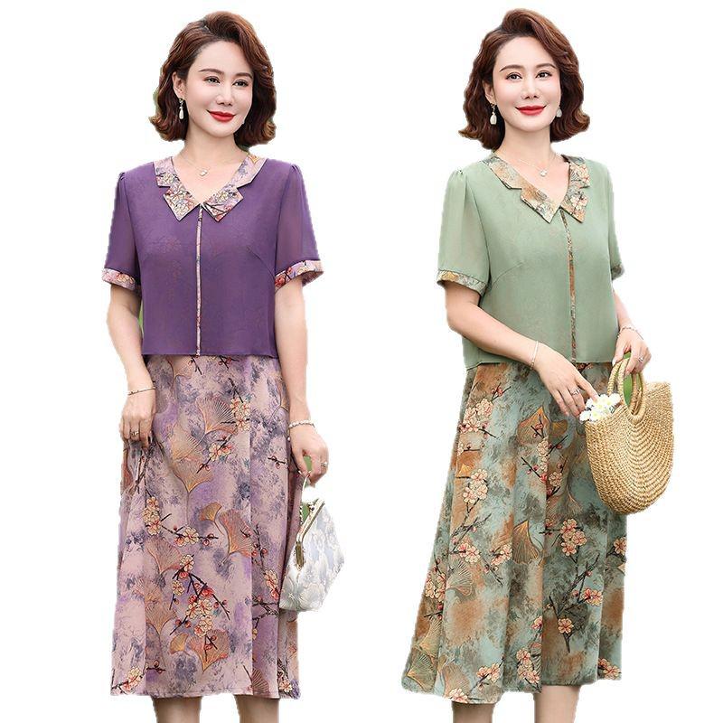 Rochie nouă de vară din șifon pentru femei de vârstă mijlocie 2025: Fustă elegantă midi cu mâneci scurte