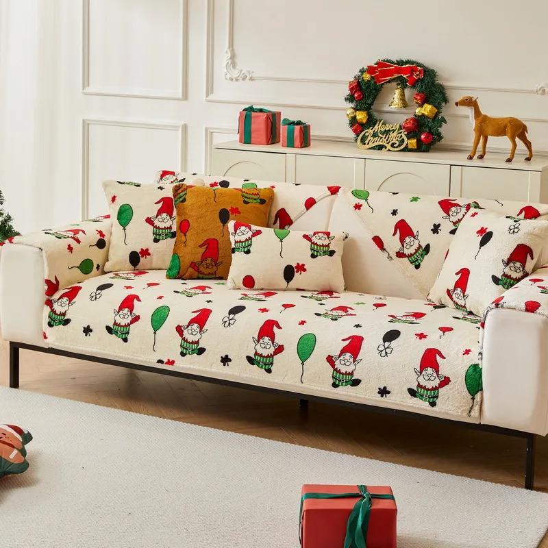 Vánoční flanelové potahy na pohovku Protiskluzová Zimní zateplená podložka na pohovku ručník do obýváku vánoční ozdobný chránič na pohovku univerzální