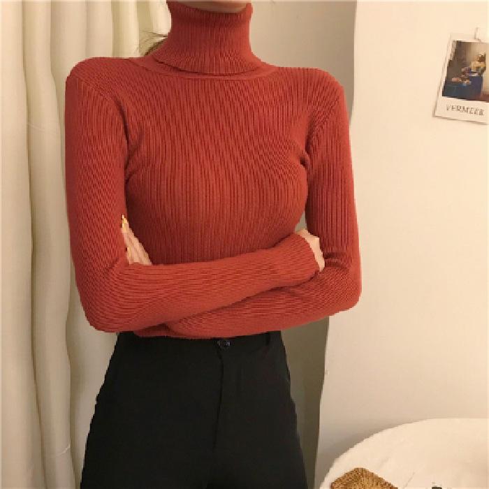 High Neck Solid Color Knit Sweater - Women's Long Sleeve Korean Style Pullover for Autumn/Winter