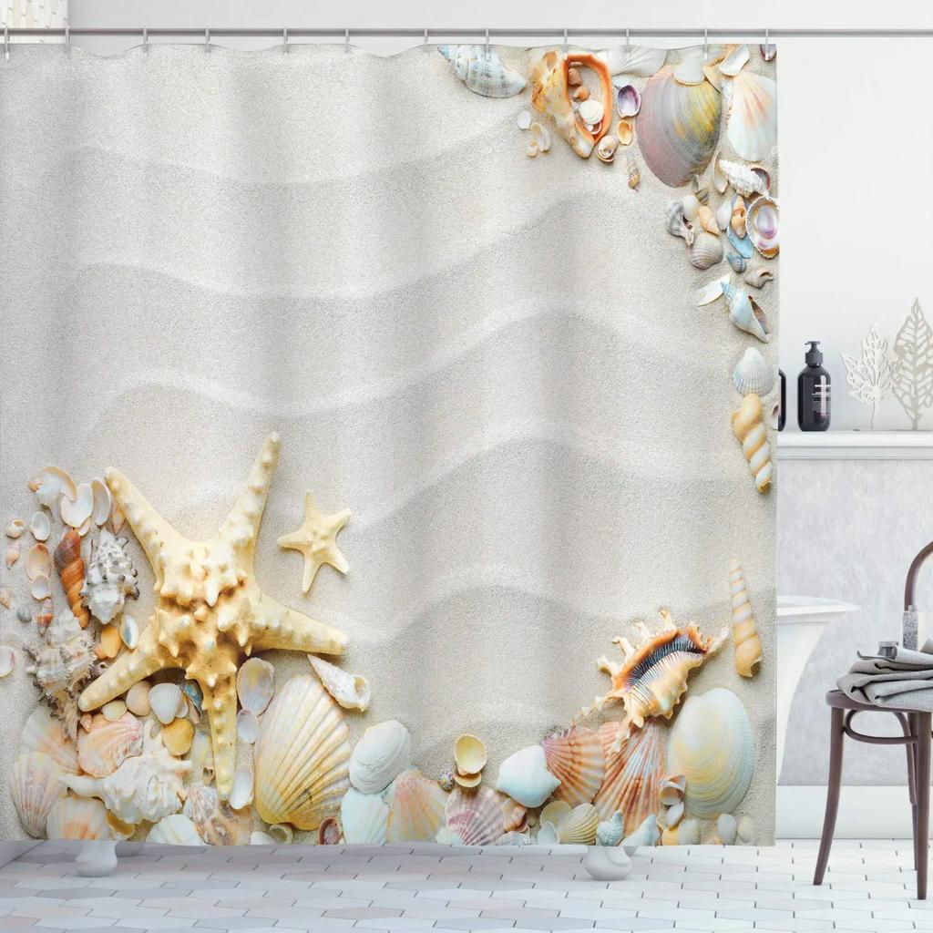 Starfish Beach Shower Curtains 3D Seashell Ocean Theme Waterproof Polyester Fabric Bathroom Decor with Hooks Bathtub Curtains