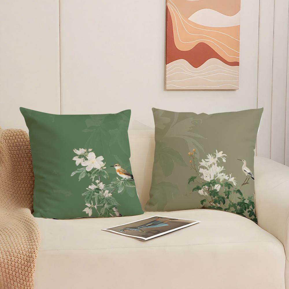 Chinese Style Simple Bird Flowers Cushion Cover Silky Elegant Comfort Sofa Bed Invisible Zipper Beach Pillowcase