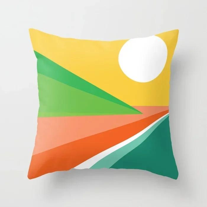 Colorful Geometric Landscape Pillowcase Sun and Moon Mountain Pattern Cushion Modern Art Style Sofa Decoration Pillow