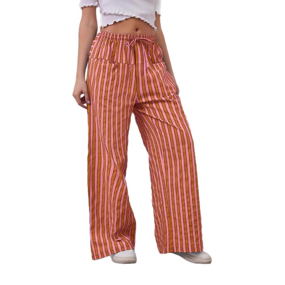 Women’s Drawstring Striped Wide-Leg Casual Trousers – Low-Waisted, Loose-Fitting Trousers
