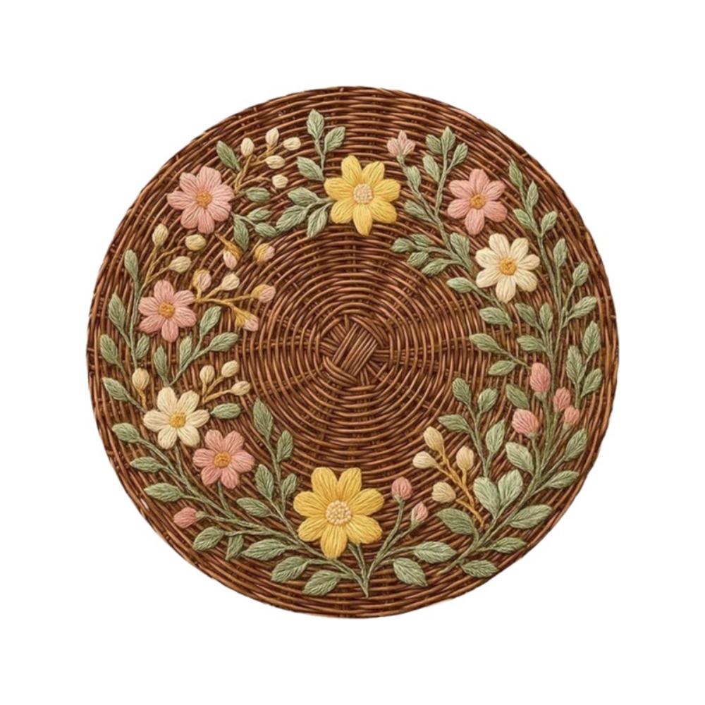 6PCS Anti-scald Flower Linen Table Mat Heat Insulation Dining Mat Round Placemat Dining Room Style A